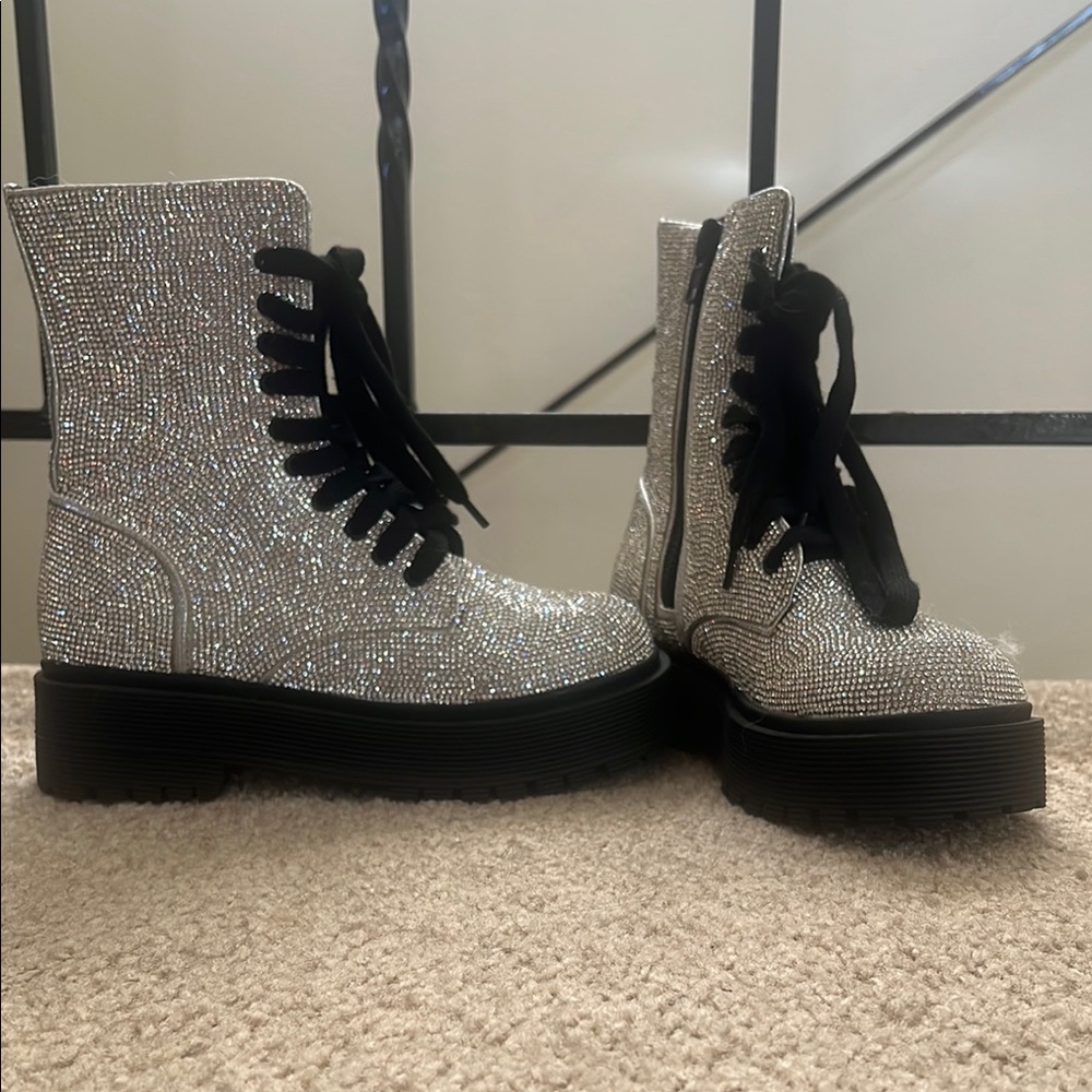 Sparkling Silver Combat Boots